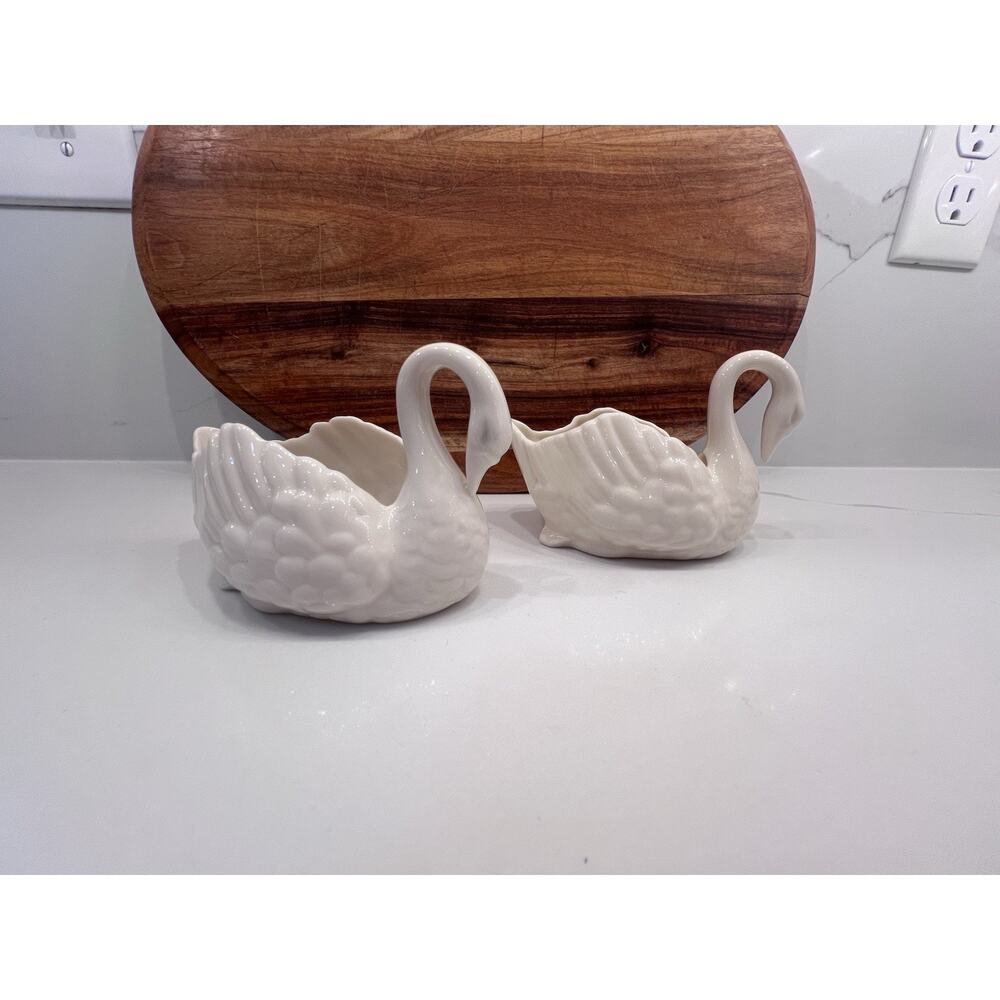 Set Of 2 Vintage Green Stamp Lenox USA Porcelain Ivory Swans Trinket Wedding